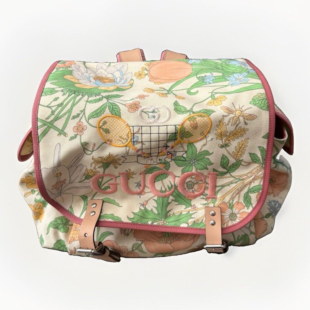 Gucci Kids Tennis Motif Floral Print Canvas Diaper Backpack